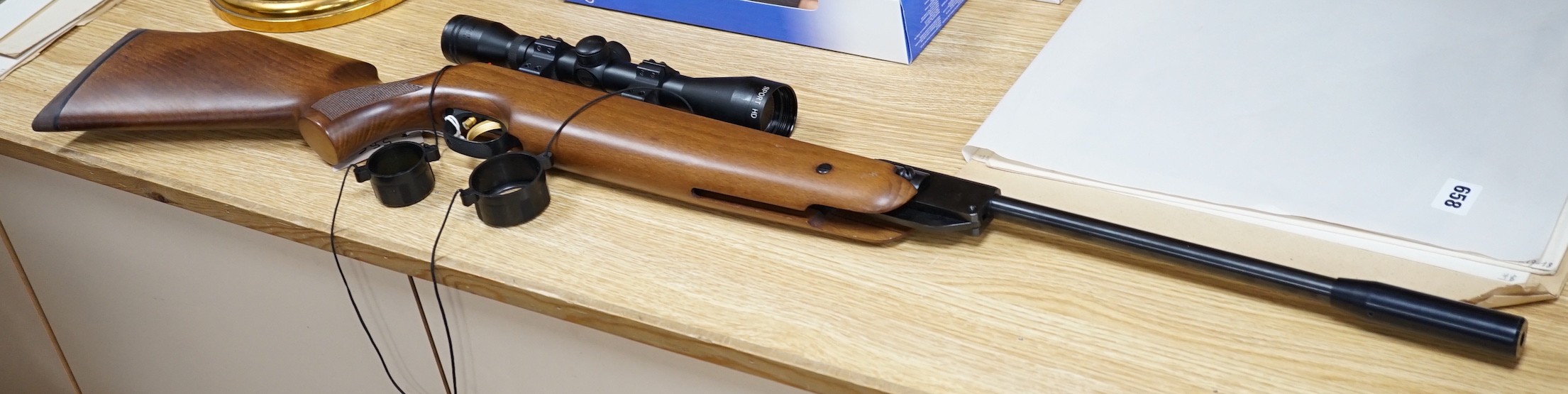 A Weihrauch HW95 air rifle, 0.22 cal, with Hawke Sport HD 4x20 scope